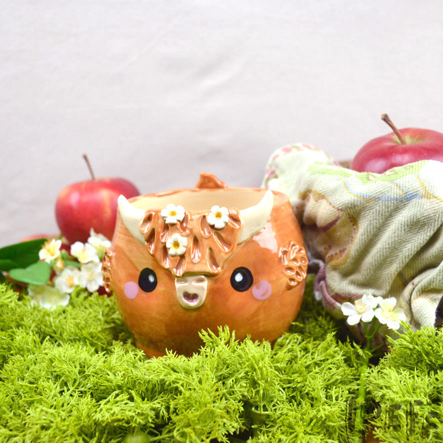 Planter Highland Cow White Flowers