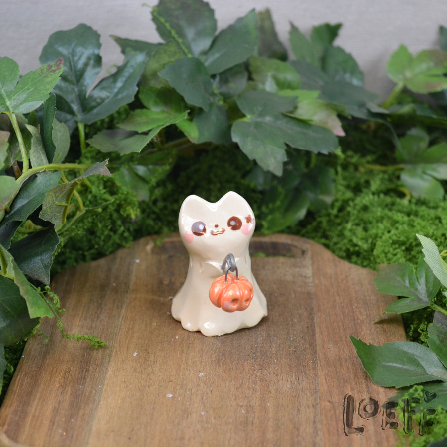 Tiny Ghost Kitty with Jack o' Lantern