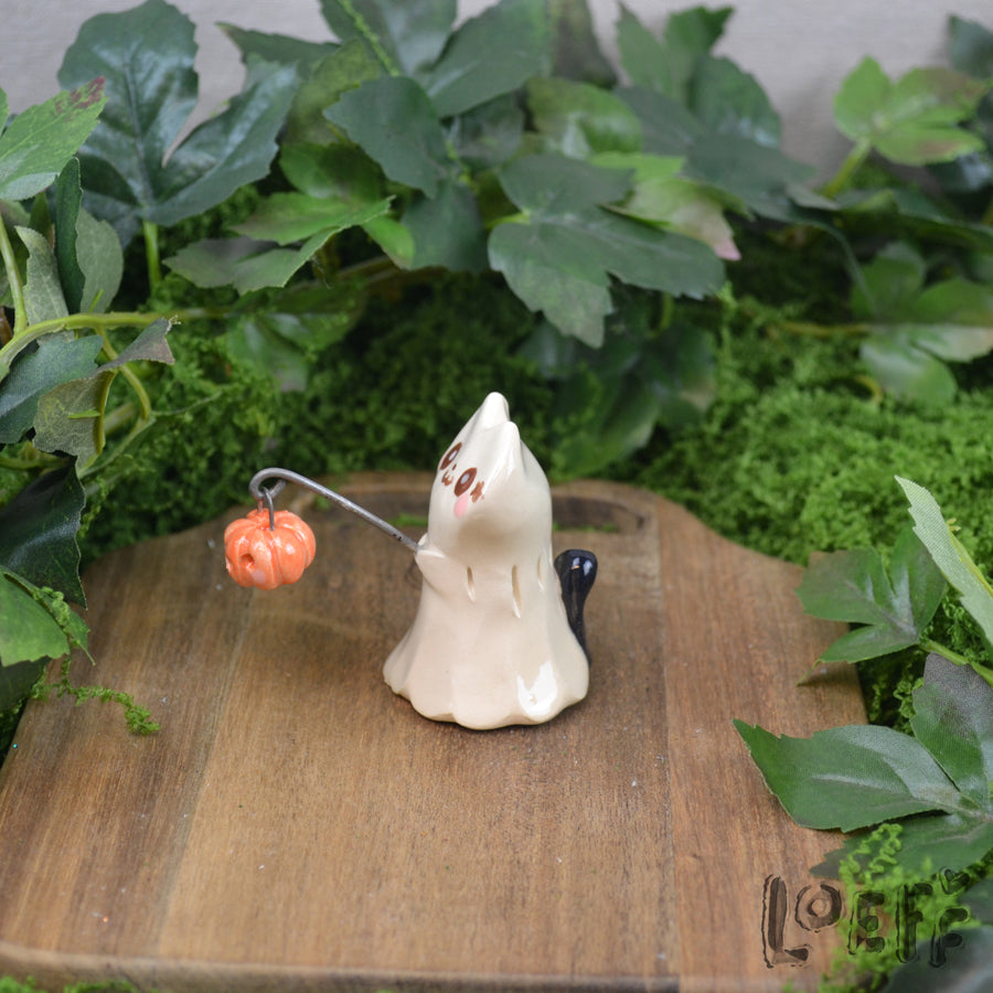 Tiny Ghost Kitty with Jack o' Lantern