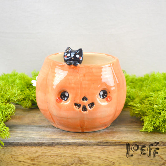 Planter Pumpkin with Black Cat